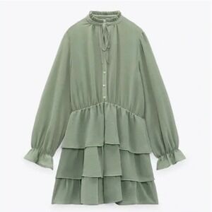 Zara Green Sheer Ruffle Long Sleeve Mini Short Dress V-Neck Women's XS‎